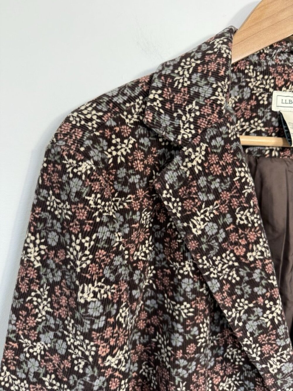 LL Bean Womens Blazer 18 Petite Brown Floral Corduroy Button Jacket Pockets - Picture 2 of 12